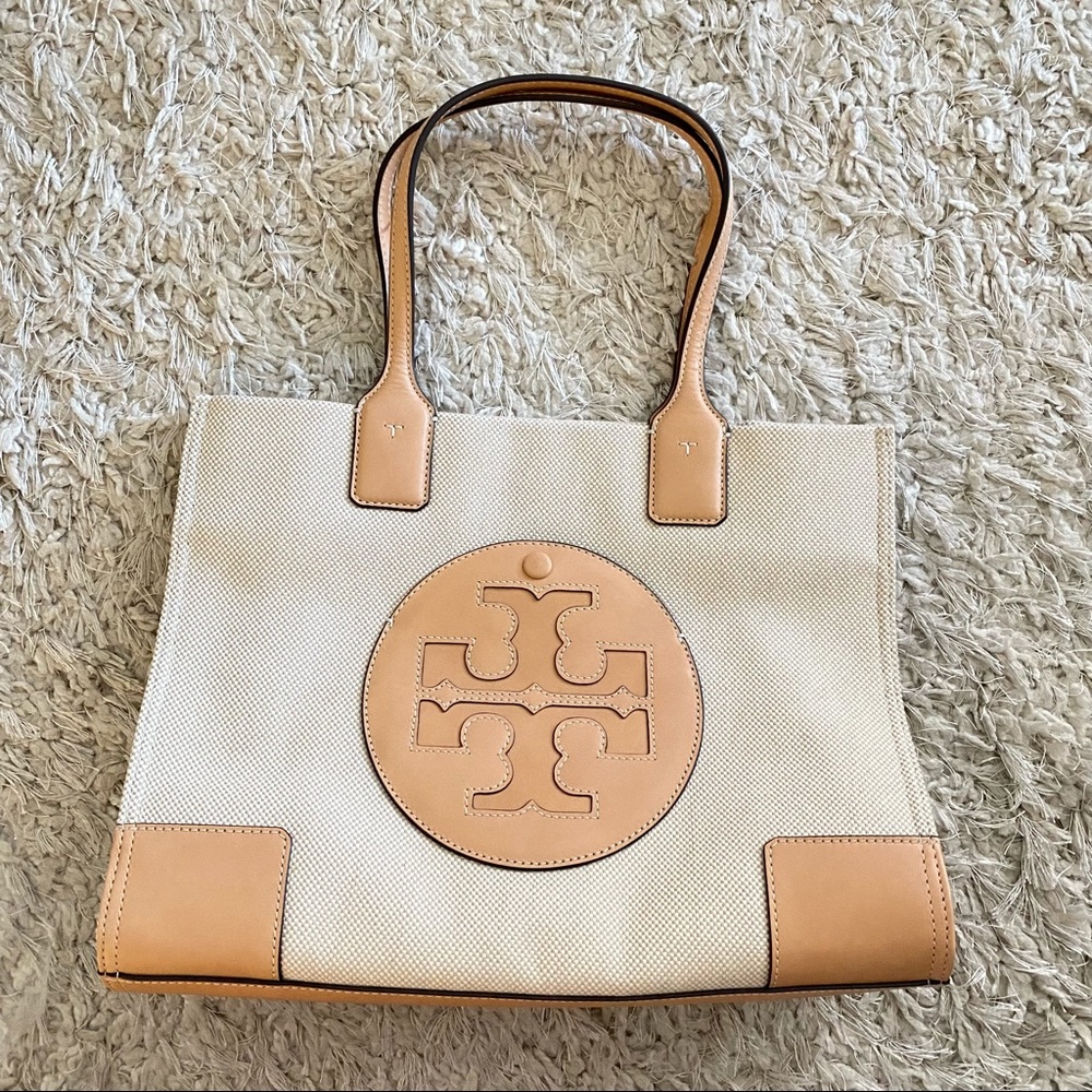 Tory Burch Ella Leather Canvas Tote Natural - Picture 15 of 16